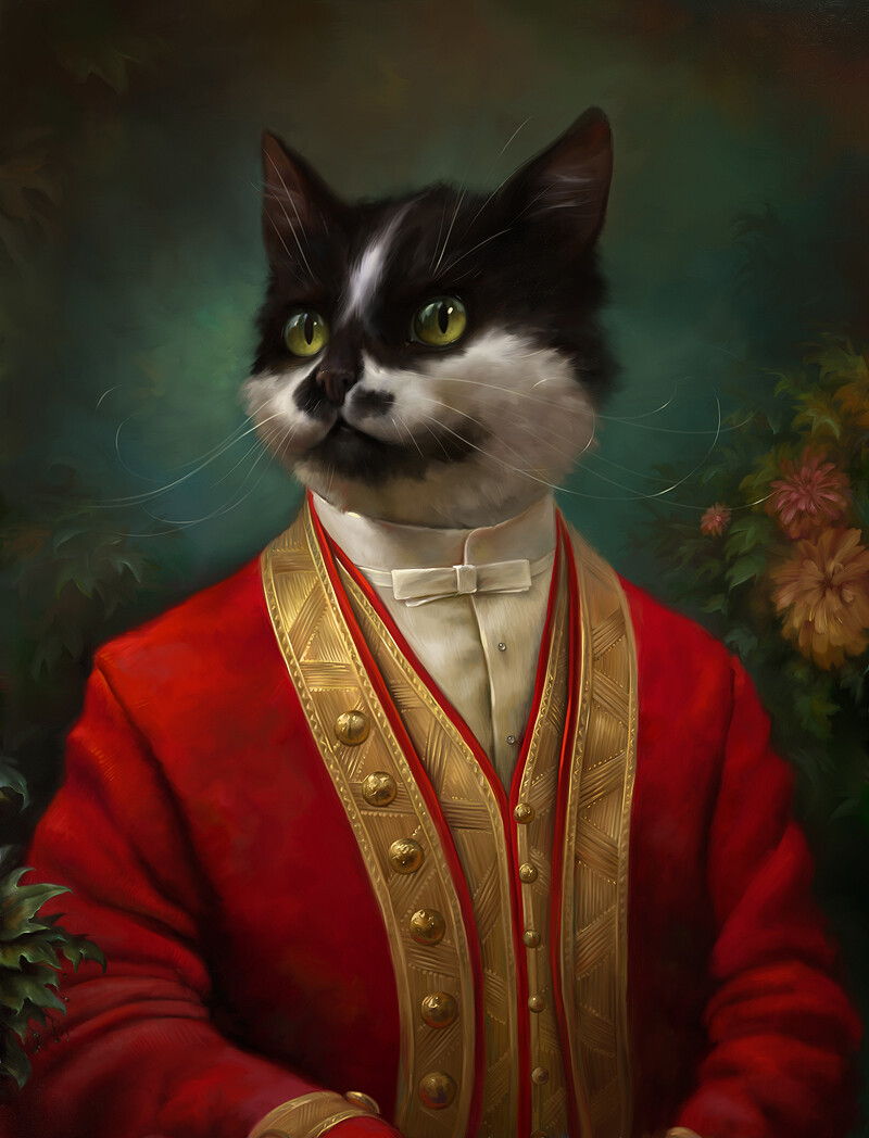 Chat noir et blanc en redingote rouge et gilet doré