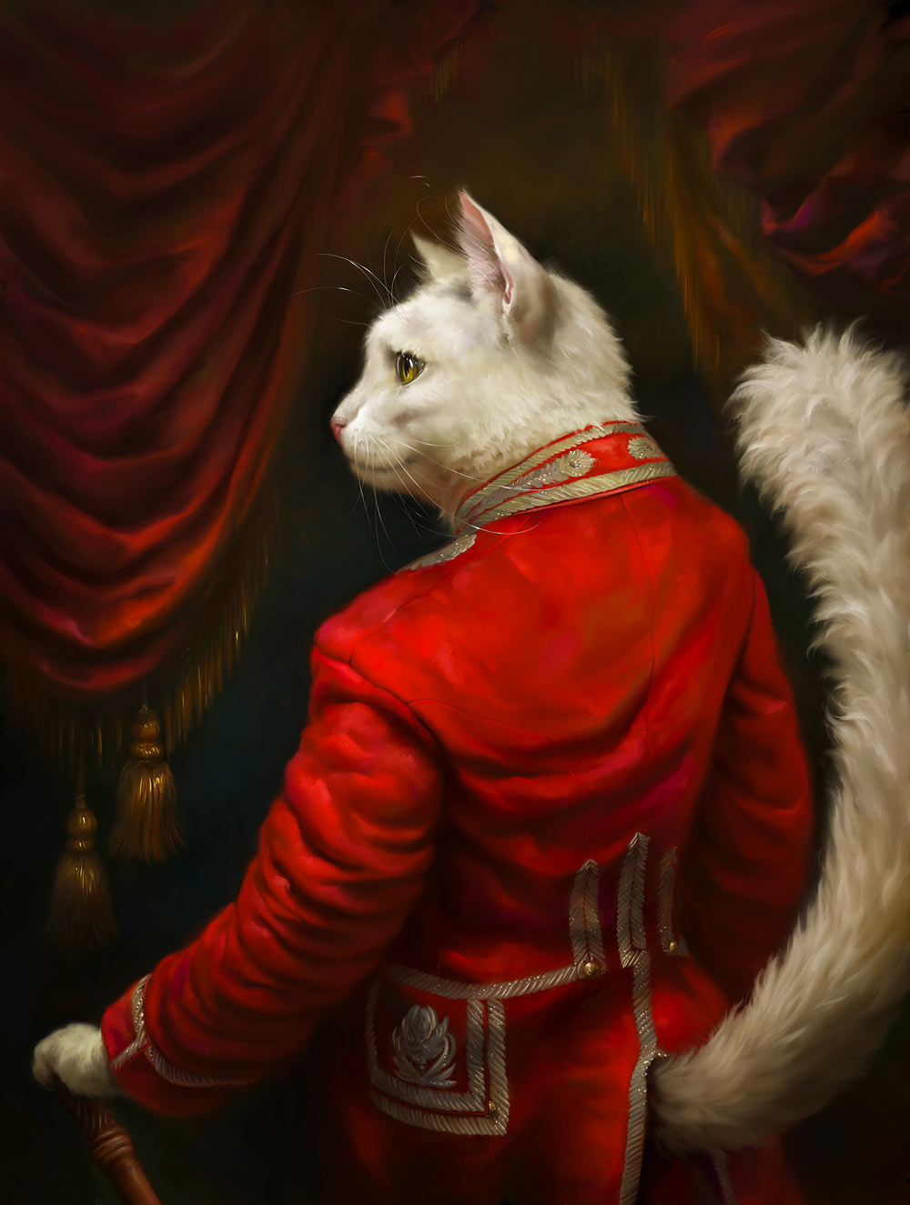 Chat blanc de dos en veste rouge, devant un rideau de velours